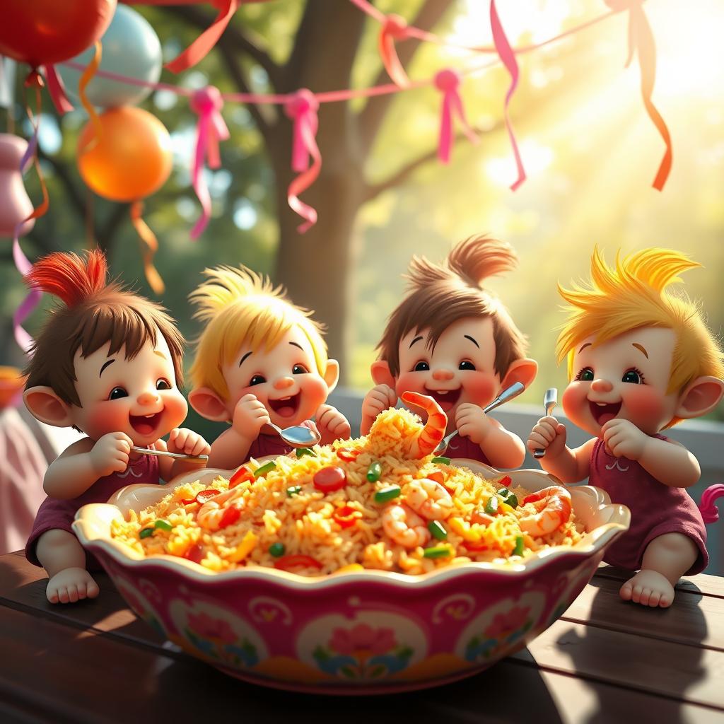 A lively scene featuring cute munchkins, with adorable expressions and playful antics, enjoying a colorful platter of fried rice