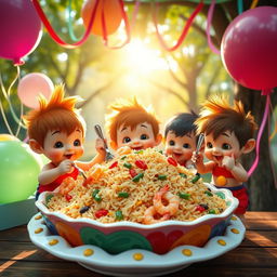 A lively scene featuring cute munchkins, with adorable expressions and playful antics, enjoying a colorful platter of fried rice