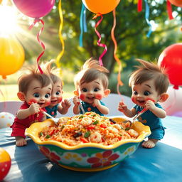 A lively scene featuring cute munchkins, with adorable expressions and playful antics, enjoying a colorful platter of fried rice