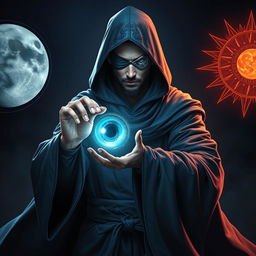 An elegant 35-year-old male sorcerer in a combat stance, fully visible in a full body view
