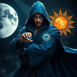 An elegant 35-year-old male sorcerer in a combat stance, fully visible in a full body view