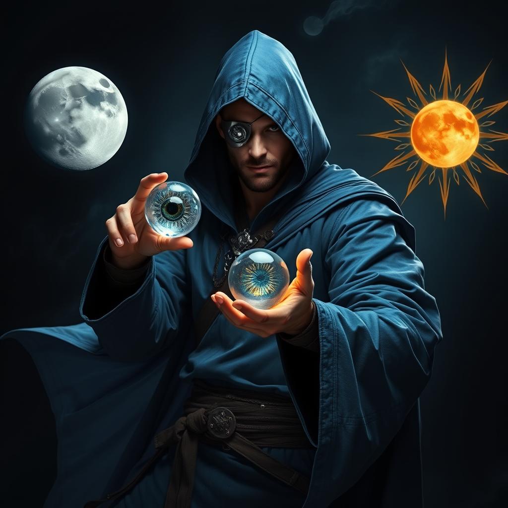An elegant 35-year-old male sorcerer in a combat stance, fully visible in a full body view