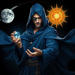 An elegant 35-year-old male sorcerer in a combat stance, fully visible in a full body view