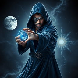 An elegant 35-year-old male sorcerer poised in a combat stance within a dark, celestial environment