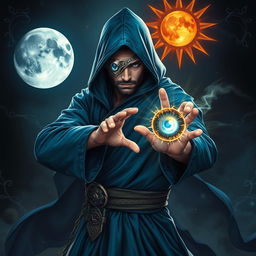 An elegant 35-year-old male sorcerer poised in a combat stance within a dark, celestial environment