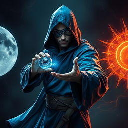 An elegant 35-year-old male sorcerer poised in a combat stance within a dark, celestial environment