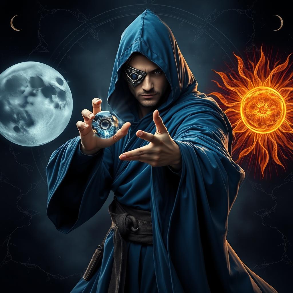 An elegant 35-year-old male sorcerer poised in a combat stance within a dark, celestial environment