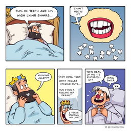 A comedic comic strip depicting a king experiencing a humorous nightmare where his teeth are falling out