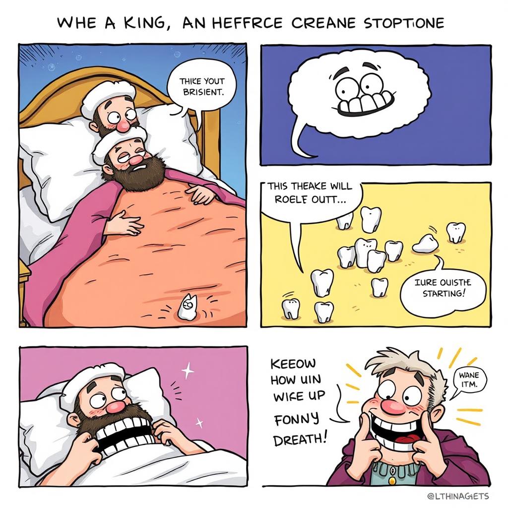 A comedic comic strip depicting a king experiencing a humorous nightmare where his teeth are falling out