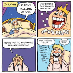 A comedic comic strip depicting a king experiencing a humorous nightmare where his teeth are falling out