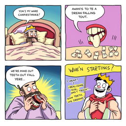A comedic comic strip depicting a king experiencing a humorous nightmare where his teeth are falling out