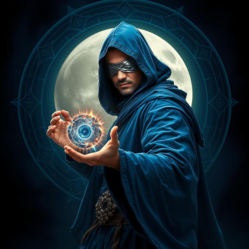 An elegant 35-year-old male sorcerer poised in a combat stance within a dark, celestial environment
