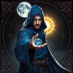 An elegant 35-year-old male sorcerer poised in a combat stance within a dark, celestial environment