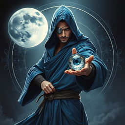 An elegant 35-year-old male sorcerer poised in a combat stance within a dark, celestial environment