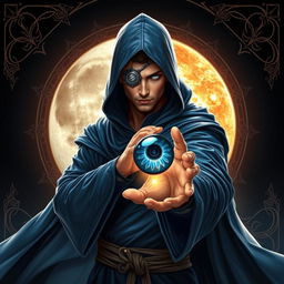 An elegant 35-year-old male sorcerer poised in a combat stance within a dark, celestial environment