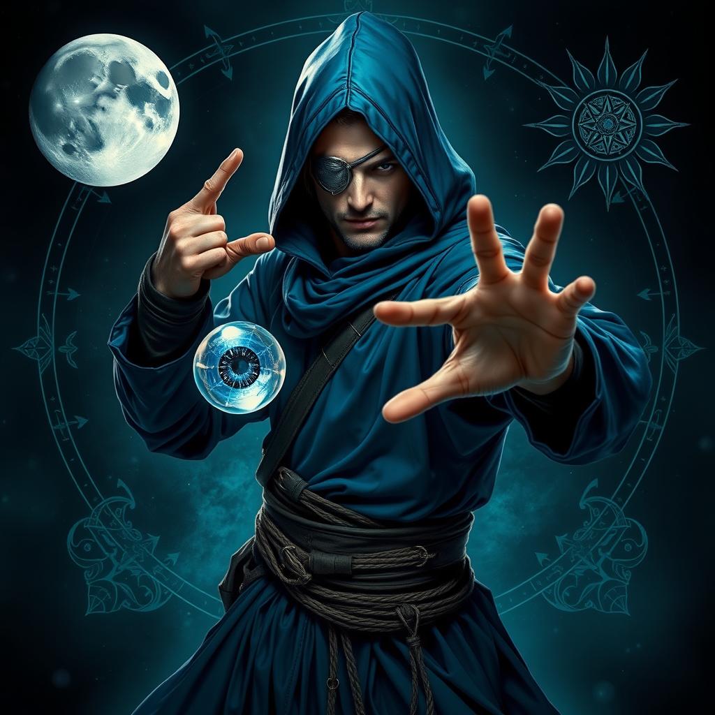 An elegant 35-year-old male sorcerer poised in a combat stance, depicted in a full body view