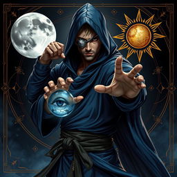 An elegant 35-year-old male sorcerer poised in a combat stance, depicted in a full body view