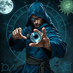 An elegant 35-year-old male sorcerer poised in a combat stance, depicted in a full body view
