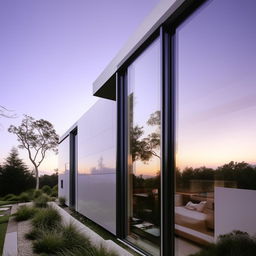 Modern house with minimalist design, sleek lines, and expansive glass windows reflecting the surrounding environment.