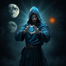 An elegant 35-year old male sorcerer poised in a combat stance within a dark, celestial environment