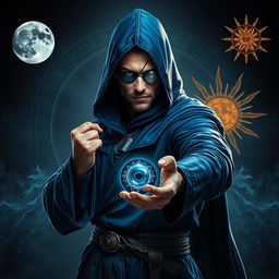 An elegant 35-year old male sorcerer poised in a combat stance within a dark, celestial environment