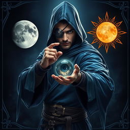 An elegant 35-year old male sorcerer poised in a combat stance within a dark, celestial environment