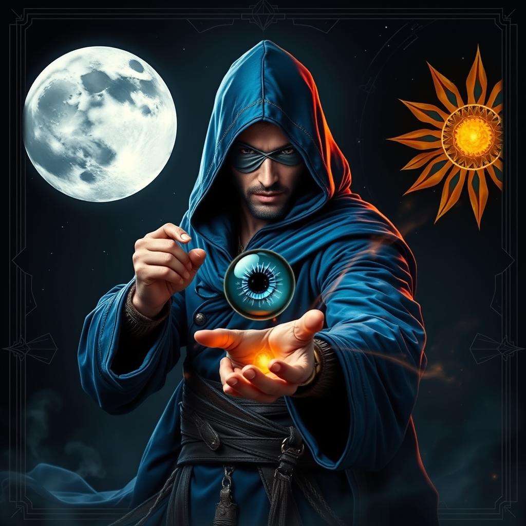 An elegant 35-year old male sorcerer poised in a combat stance within a dark, celestial environment