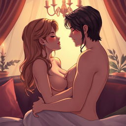 A tastefully illustrated scene that depicts an intimate and sensual atmosphere between two consenting adults