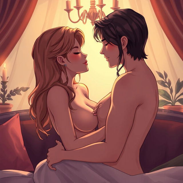 A tastefully illustrated scene that depicts an intimate and sensual atmosphere between two consenting adults
