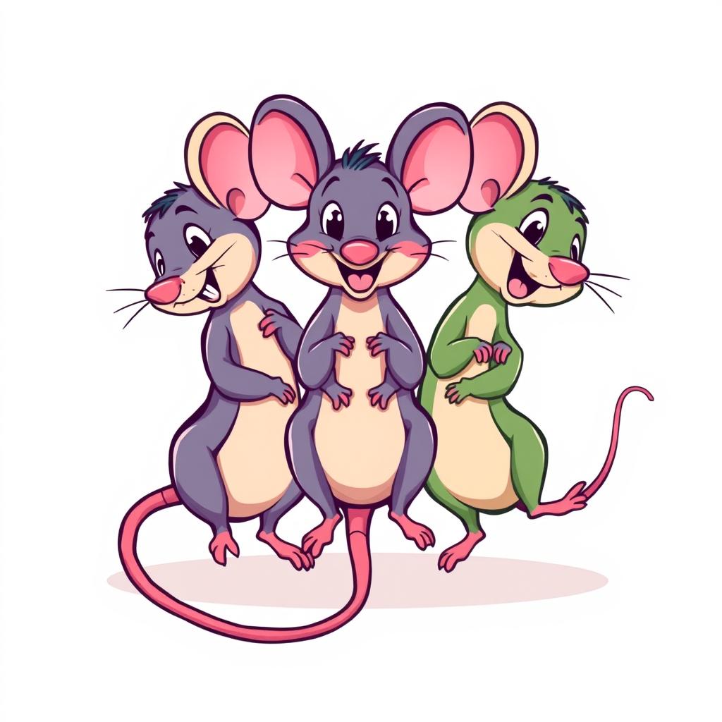 A t-shirt design featuring three playful, cartoon-style mice