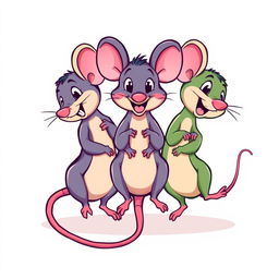 A t-shirt design featuring three playful, cartoon-style mice