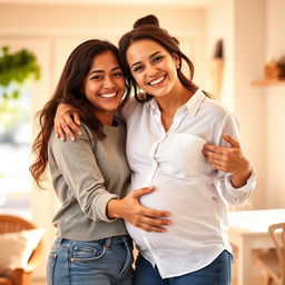 A heartwarming scene of two friends hugging each other in a warm and inviting environment
