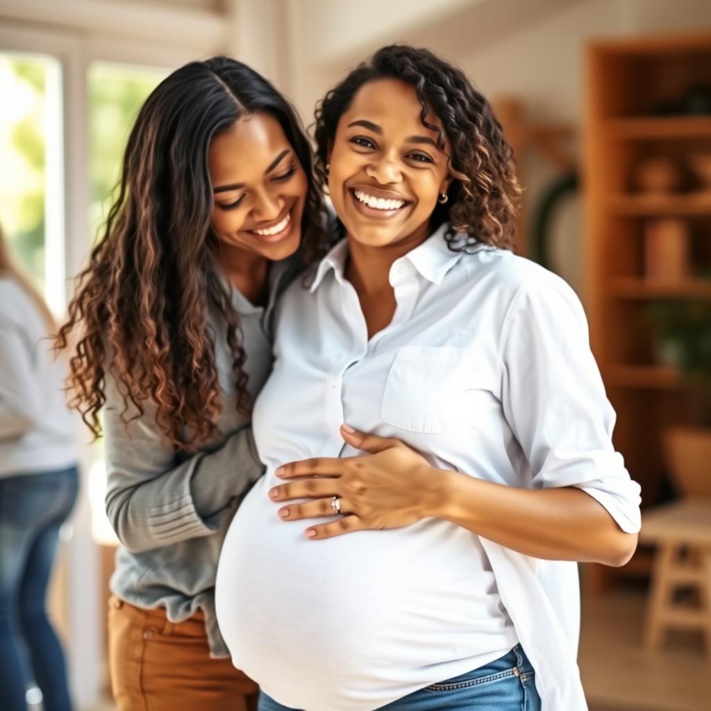 A heartwarming scene of two friends hugging each other in a warm and inviting environment