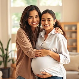 A heartwarming scene of two friends hugging each other in a warm and inviting environment