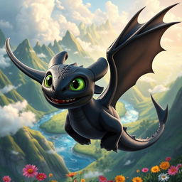 A vibrant and playful depiction of a dragon resembling "Toothless" from the movie "How to Train Your Dragon"