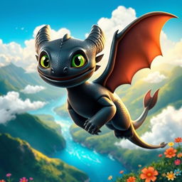 A vibrant and playful depiction of a dragon resembling "Toothless" from the movie "How to Train Your Dragon"