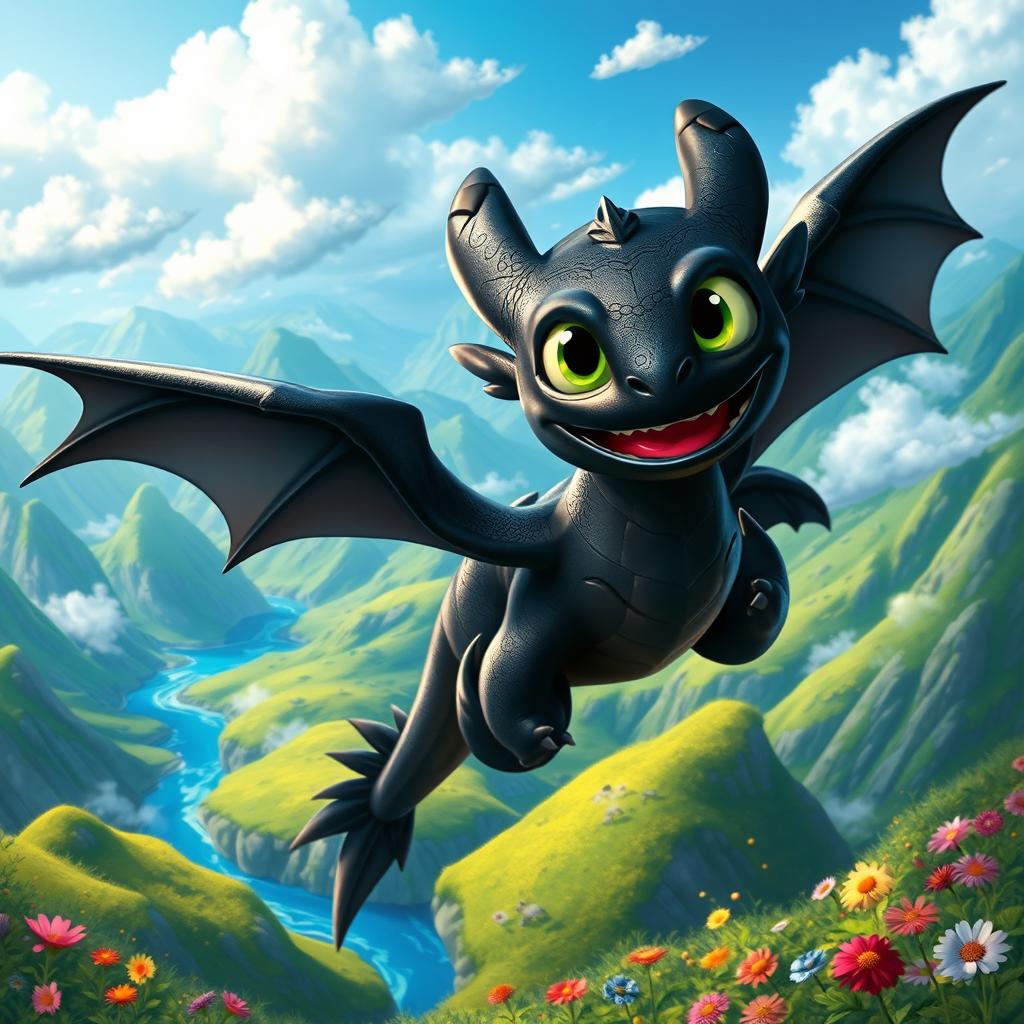 A vibrant and playful depiction of a dragon resembling "Toothless" from the movie "How to Train Your Dragon"