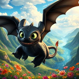 A vibrant and playful depiction of a dragon resembling "Toothless" from the movie "How to Train Your Dragon"