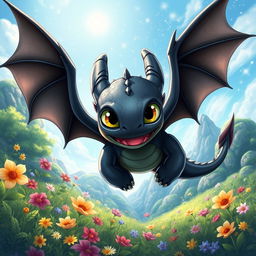 A detailed and whimsical illustration of a friendly dragon similar to "Toothless" from the movie "How to Train Your Dragon