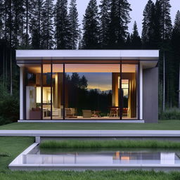 Modern house with minimalist design, sleek lines, and expansive glass windows reflecting the surrounding environment.