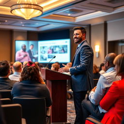 A professional seminar setting with a confident presenter standing at a lectern, engaging with an audience