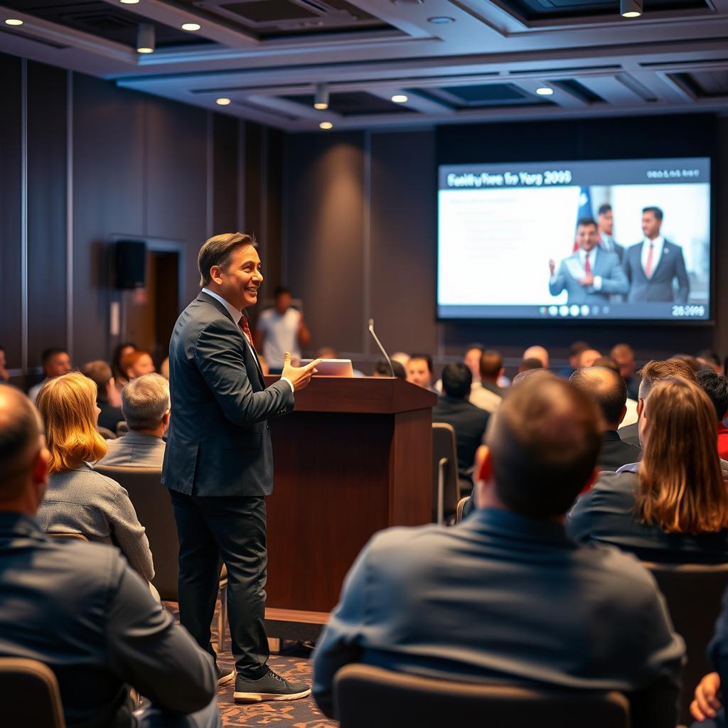A professional seminar setting with a confident presenter standing at a lectern, engaging with an audience
