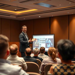 A professional seminar setting with a confident presenter standing at a lectern, engaging with an audience