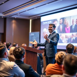 A professional seminar setting with a confident presenter standing at a lectern, engaging with an audience