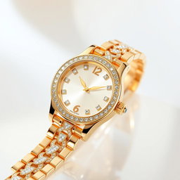 A luxurious watch design featuring a gleaming gold case and intricate diamond accents