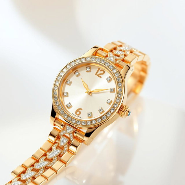A luxurious watch design featuring a gleaming gold case and intricate diamond accents
