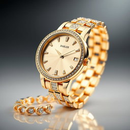 A luxurious watch design featuring a gleaming gold case and intricate diamond accents