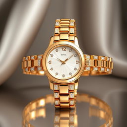 A luxurious watch design featuring a gleaming gold case and intricate diamond accents