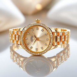 A luxurious watch design featuring a gleaming gold case and intricate diamond accents