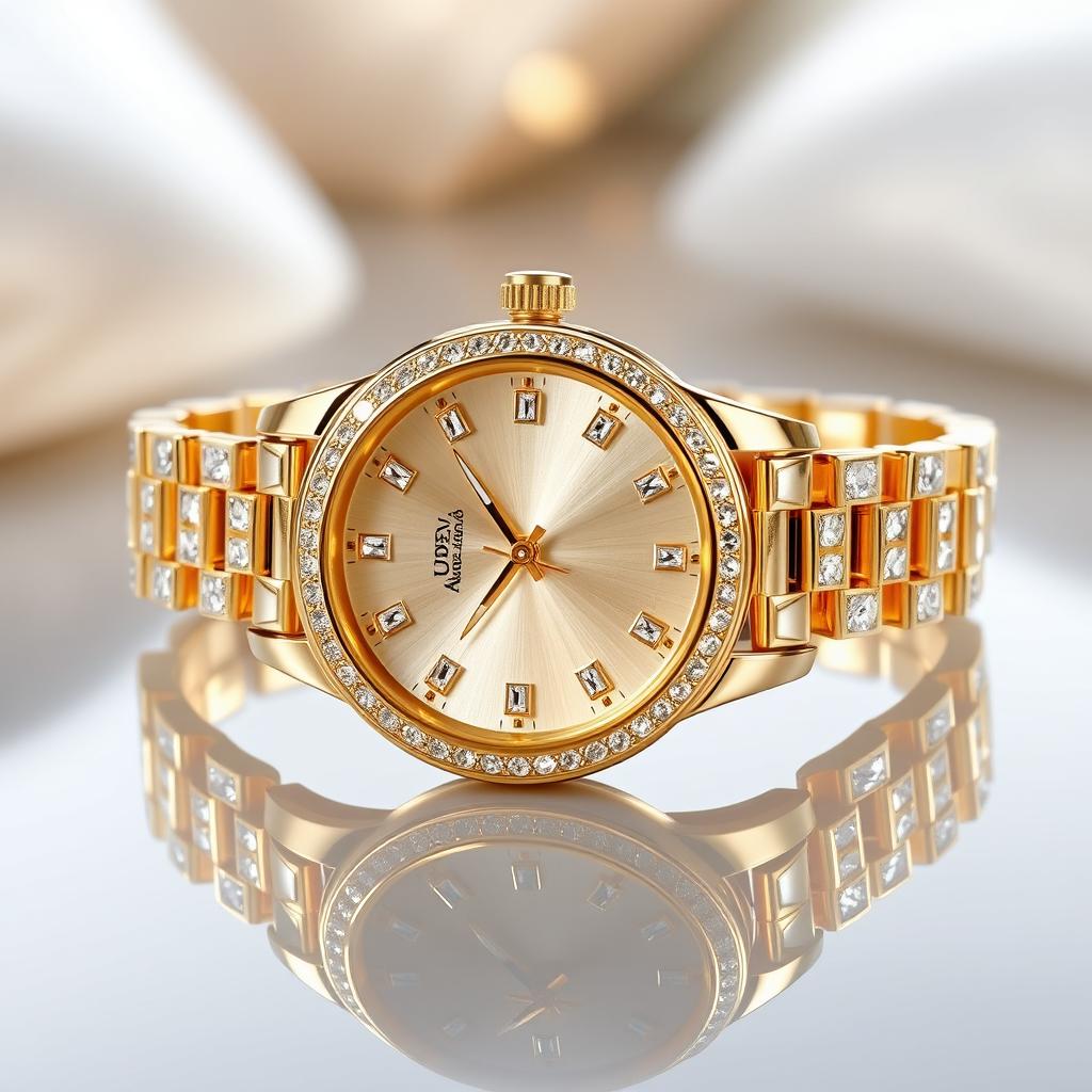 A luxurious watch design featuring a gleaming gold case and intricate diamond accents